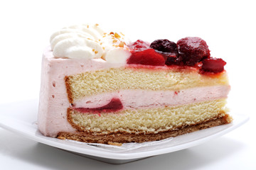 Cake with Srawberries on a Plate Isolated on White Background