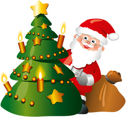 Weihnachtsmann hinter Weihnachtsbaum mit Sack