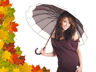Woman with brown umbrella. Leaves background