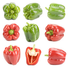 Peppers red and  green isolated on white, different viewpoints.