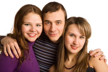 three young friends isolated on a white background