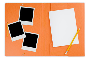 Open folder and instant photos isolated on white