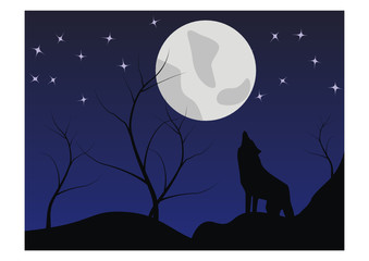 The silhouette of a wolf howls on the moon
