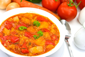 Gemüse Suppe -Auflauf-mit Paprika-Streifen,Aubergine
