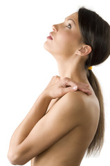 Obraz premium beautiful girl with with ponytail and hands on her nude shoulder