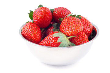Stainless steel bowl with fresh red strawberries.