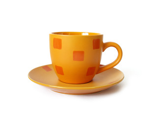 Orange ceramic cup of coffee isolated on a white background