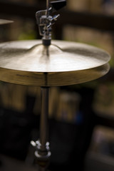 A set of cymbals on a stand, part of a drumk kit.