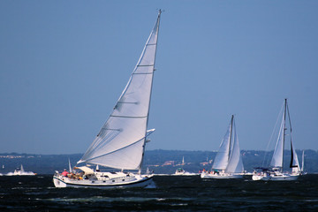 Sailboat beating into the wind on a windy day.