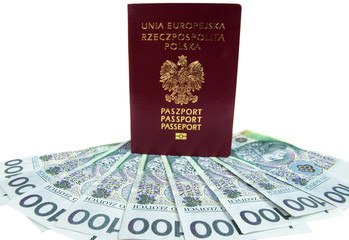 European Union passport and polish money isolated on white