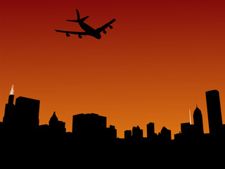 plane arriving in Chicago at sunset illustration