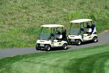 Two golf carts on the cart path