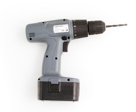 battery powered hand drill with white background