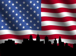 Fototapeta na wymiar Philadelphia skyline with rippled American flag illustration
