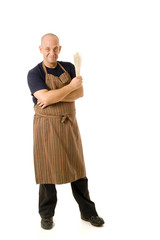 man in his 40's with apron isolated on white.
