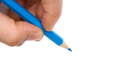 Hand with blue pen on a white background