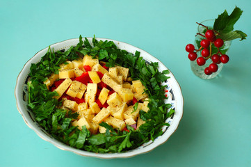 Salad with fresh sweet red pepper, parsley and cheese.