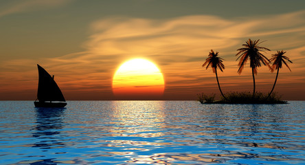 Obraz na płótnie Canvas Small boat and small island with cocunut palms