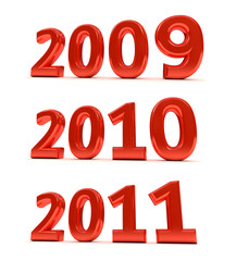 The years 2009, 2010, 2011 as a 3D render over white background