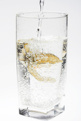 Glass with water and a fruit of the winter cherry