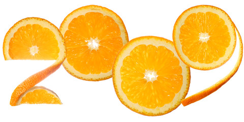 Number 2009 made of orange slices, isolated on white background
