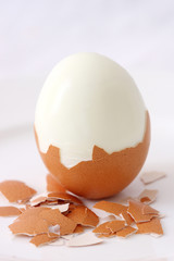 A cooked egg peeled and standing with eggshell pieces.