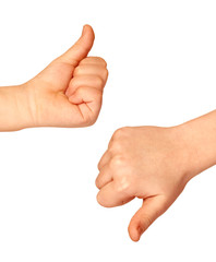 Two hands with thumbs up and down on white background