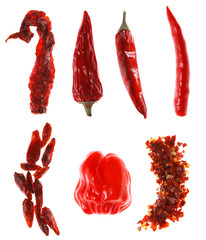 different types of red chillies, over white, super macro