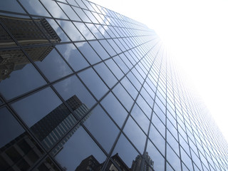 Skyscrapers and a bright sky.