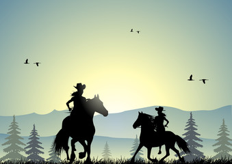 Fototapeta na wymiar Horseman and horse at sunset in a forest