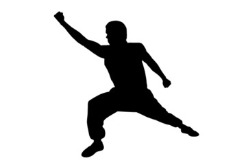 Fototapeta na wymiar Black silhouette of karate man boxing high