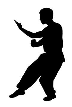 recommend clip art: Black silhouette of  karate man prepared for fight