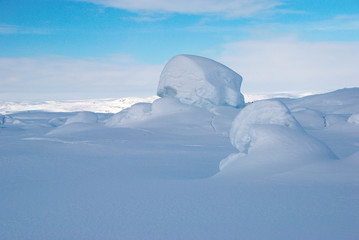Detail of snow-covered rocks in Greenland