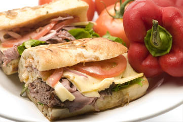 gourmet roast beef sandwich havarti cheese tomato rosemary bread