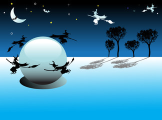 Obraz na płótnie Canvas Witches flying around a huge crystal ball