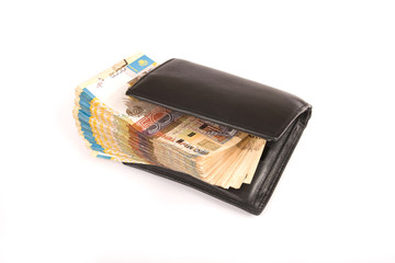 Black purse with money, isolated, white, finance, cash