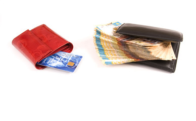 Black purse with money, isolated, white, finance, cash