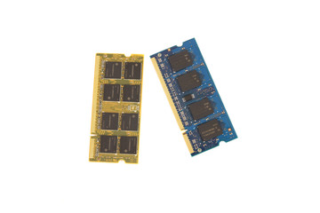 A shot of two DDR RAM sticks isolated on white