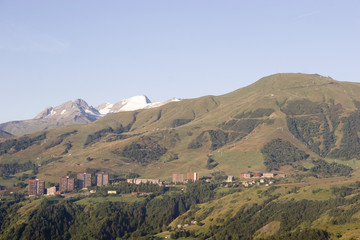 a view of " le corbier " , snow station in the french alps.