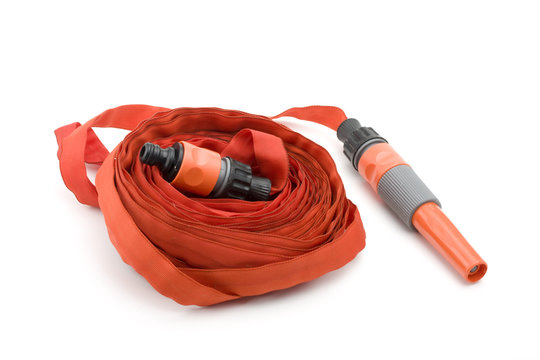 Coiled Red Garden Hose With Nozzle