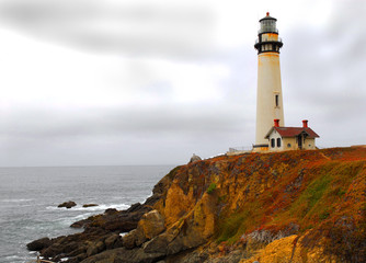 Lighthouse along the California coast on a gray stormy day