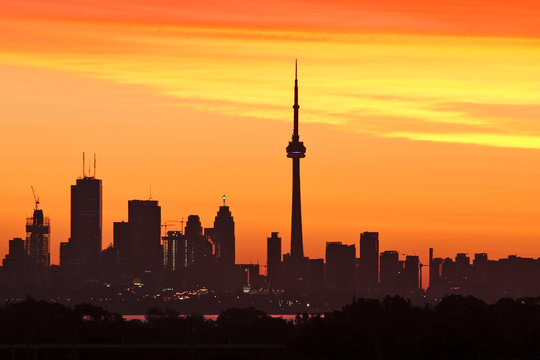 Toronto's skyline lit by sun raising behind the buildings
