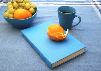 Blue book and fruit on blue table cloth