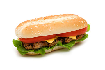 Long tasty cheeseburger on white background