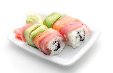 Salmon Roll on a Plate. Isolated on White Background