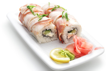 Rolls in Meat with Greens.  Isolated on White Background