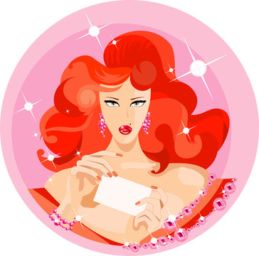 vector image of charming woman with blank card for your info