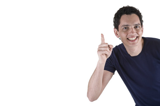 Young man with big smile, isolated on white. Copy space.