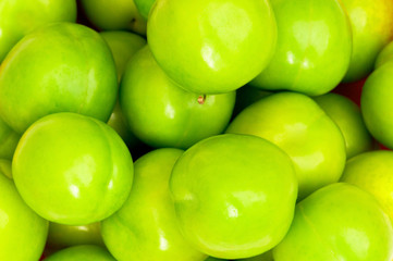 Green apples arranged on the market stand