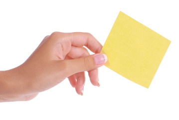 Woman hand holding blank notepaper on pure white background.